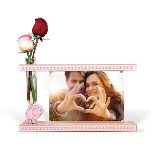 Valentine’s Day Picture Frame with Glass Vase – 4x6 Pink Floral Wood Frame Gift